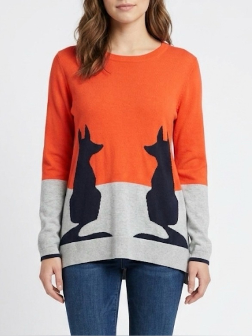 Crown & Ivy Dog Fox Intarsia Colorblock Cotton Sweater Orange Grey Medium